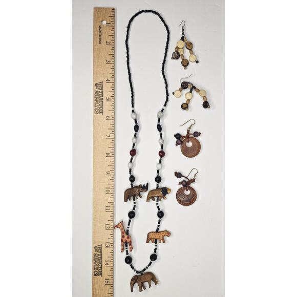 Bundle Wooden Carved African Animals NECKLACE EARRINGS Costume Jewelry Lot Gift - Picture 3 of 5